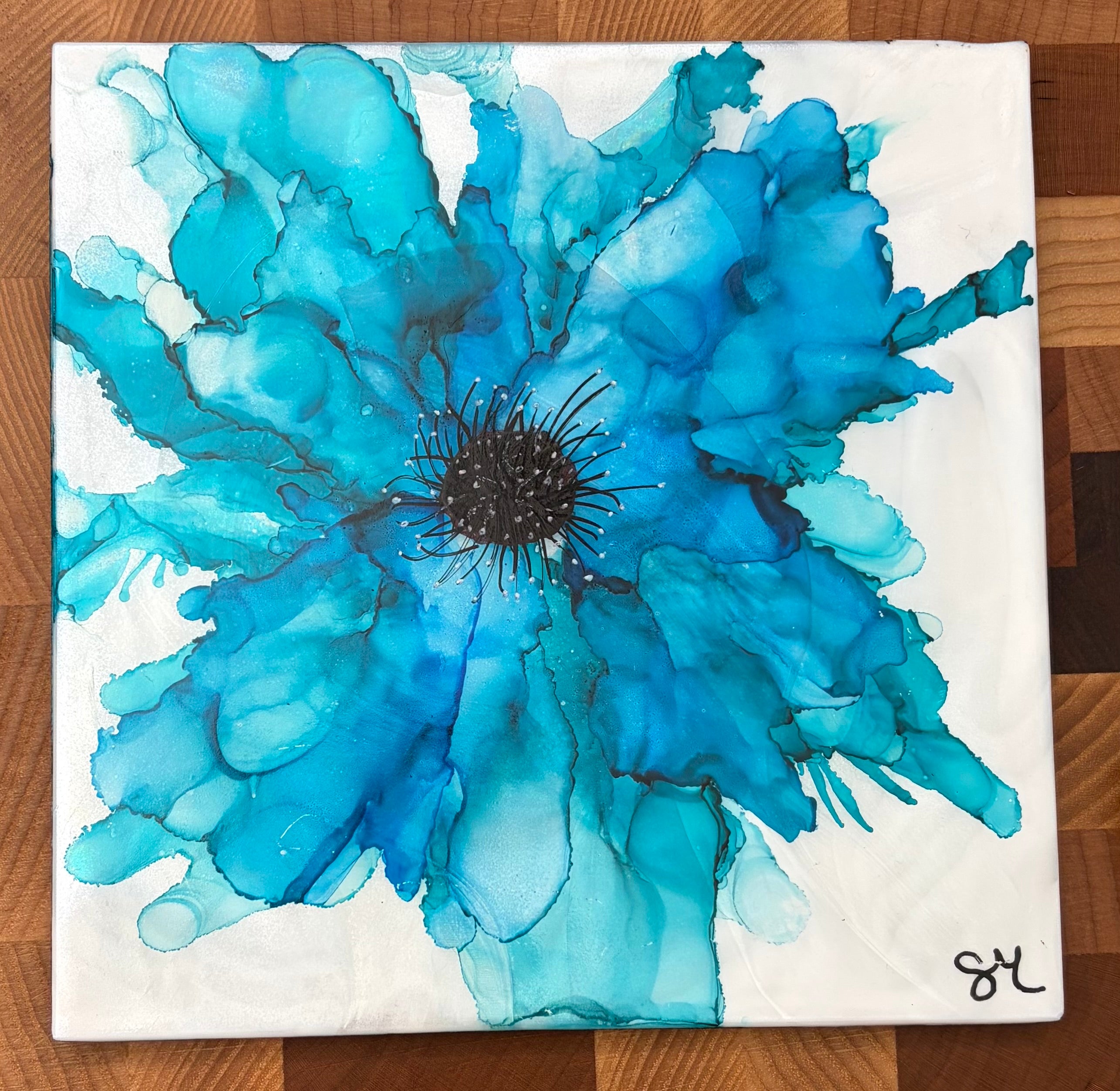 Beautiful 6"X 6" Blue Alcohol Ink Original Art
