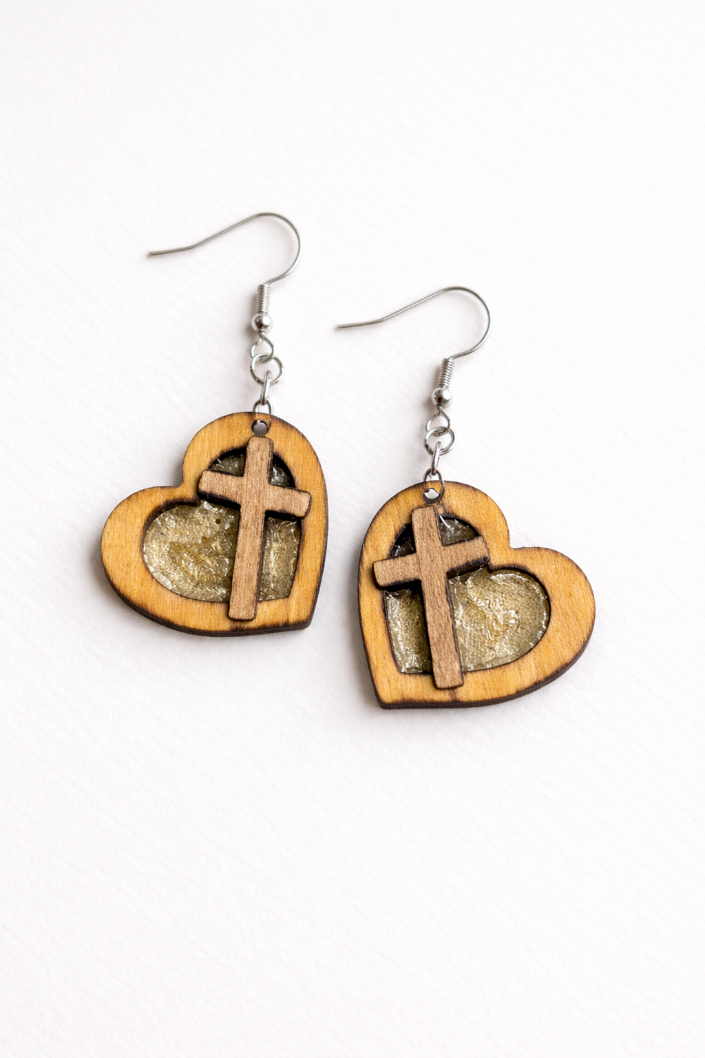 Handcrafted Wooden Heart Cross Earrings