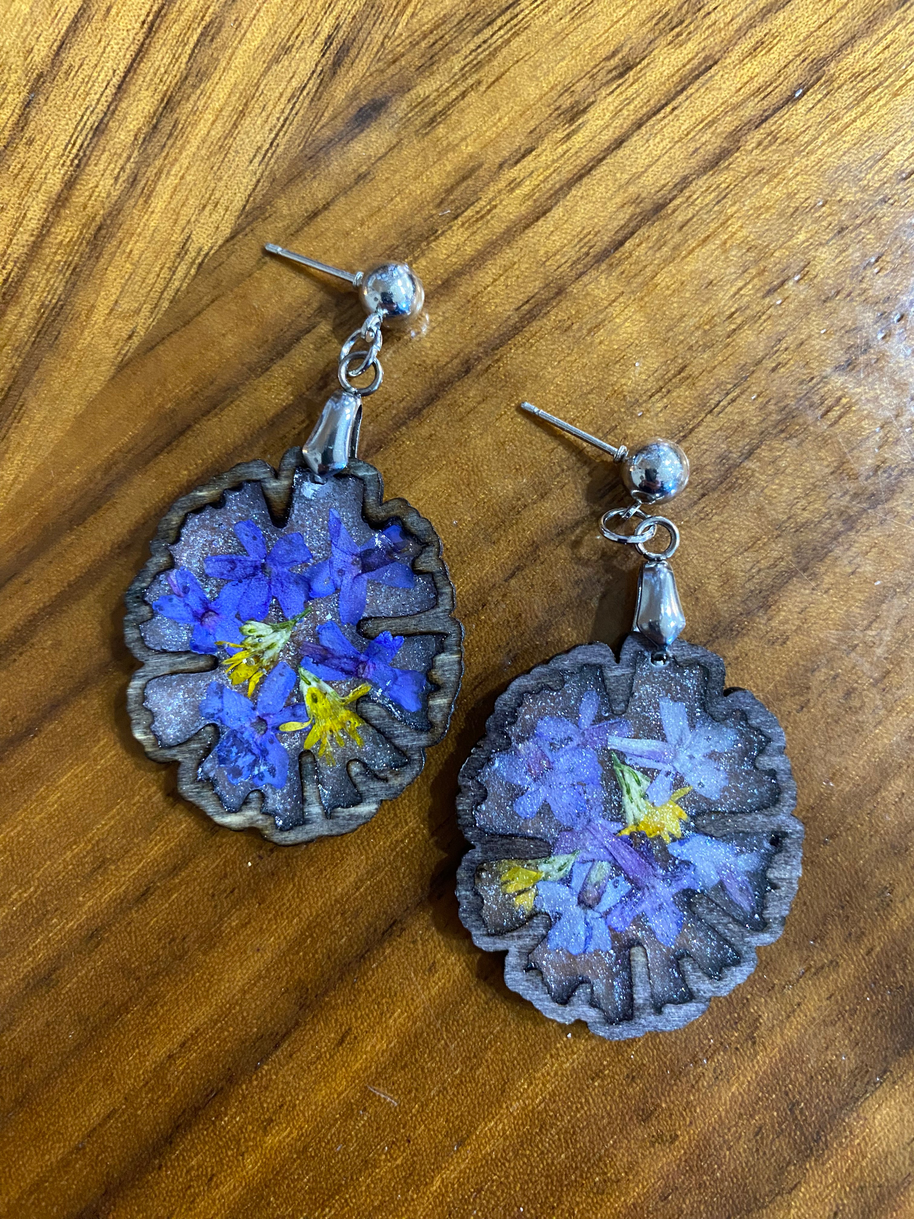 Pressed Blue & Yellow Wildflower Dangle Earrings