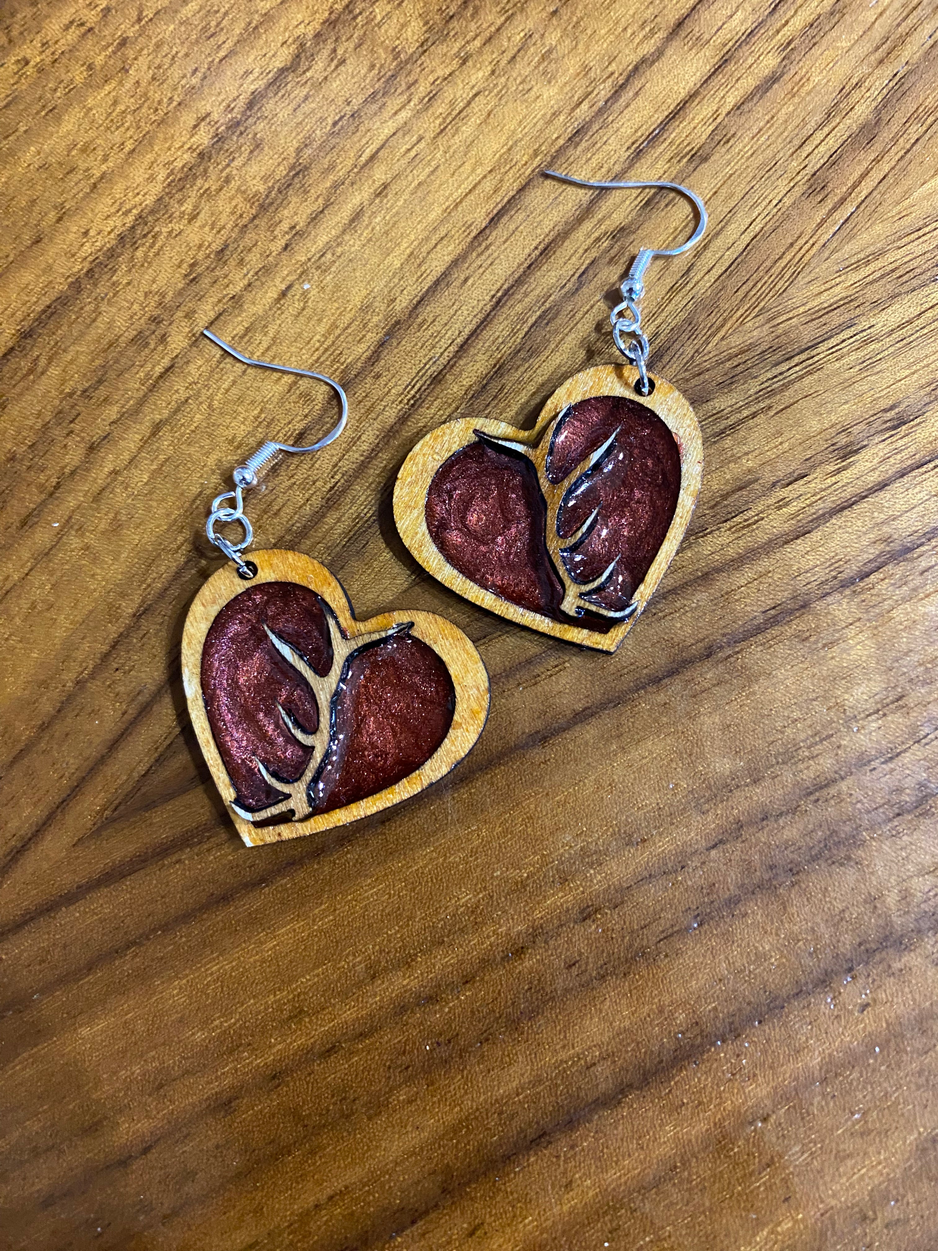 Wooden Red Heart & Antler Earrings