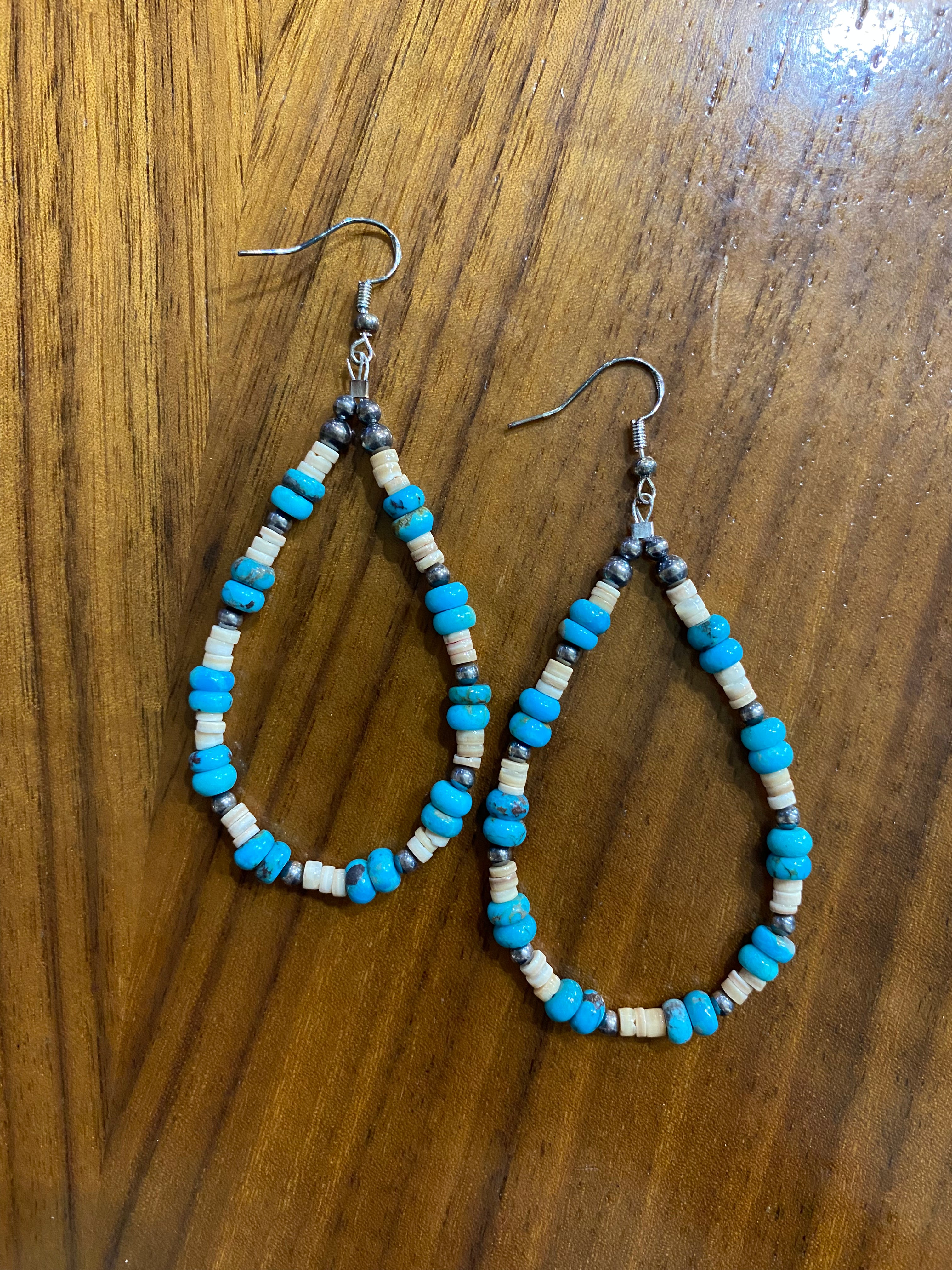 Turquoise & Heishi Shell Teardrop Beaded Earrings