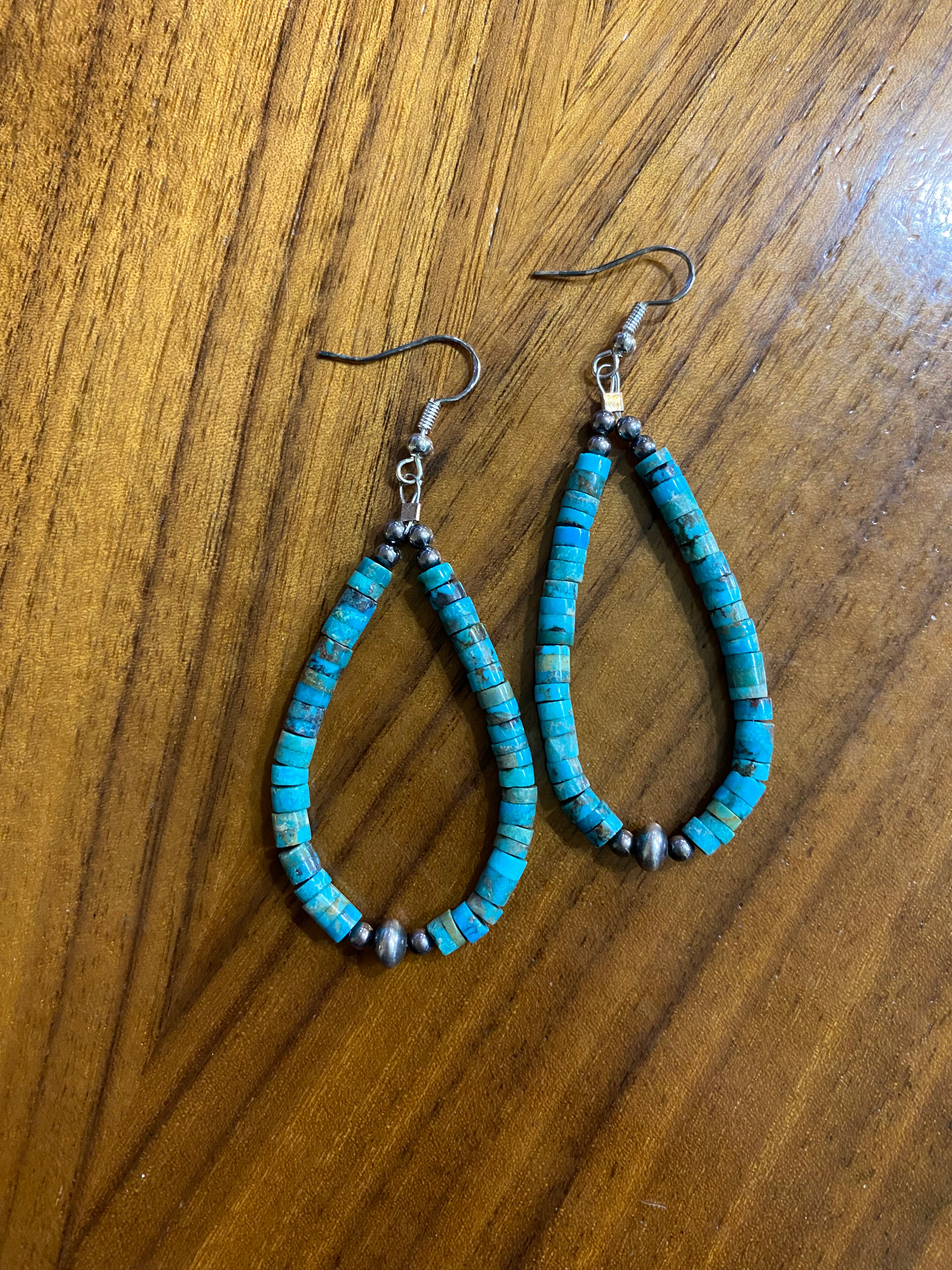 Genuine Hand-Beaded Turquoise Heishi and Navajo Pearl Teardrop Earrings