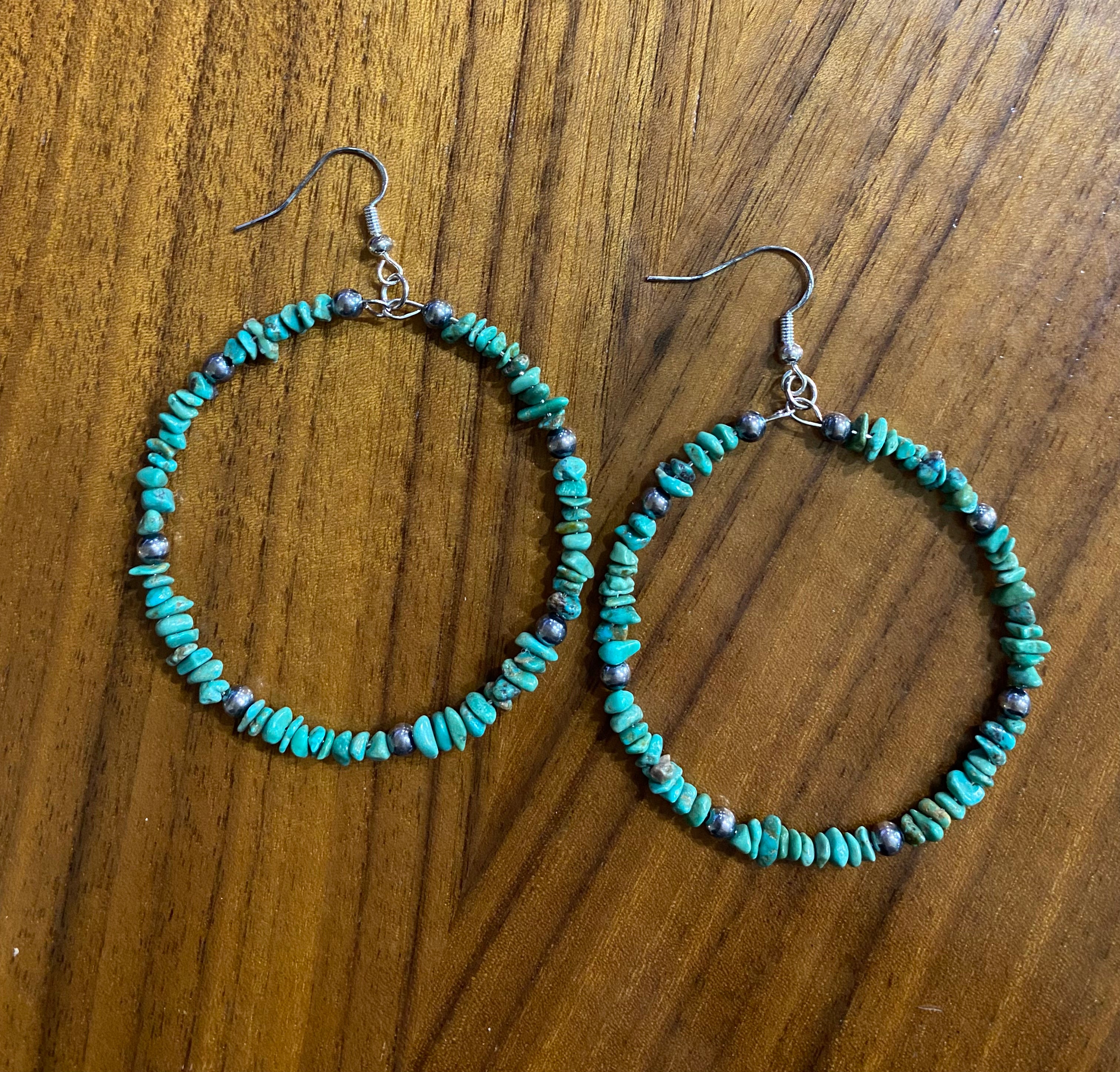 Turquoise & Sterling Silver Navajo Pearl Hoop Earrings