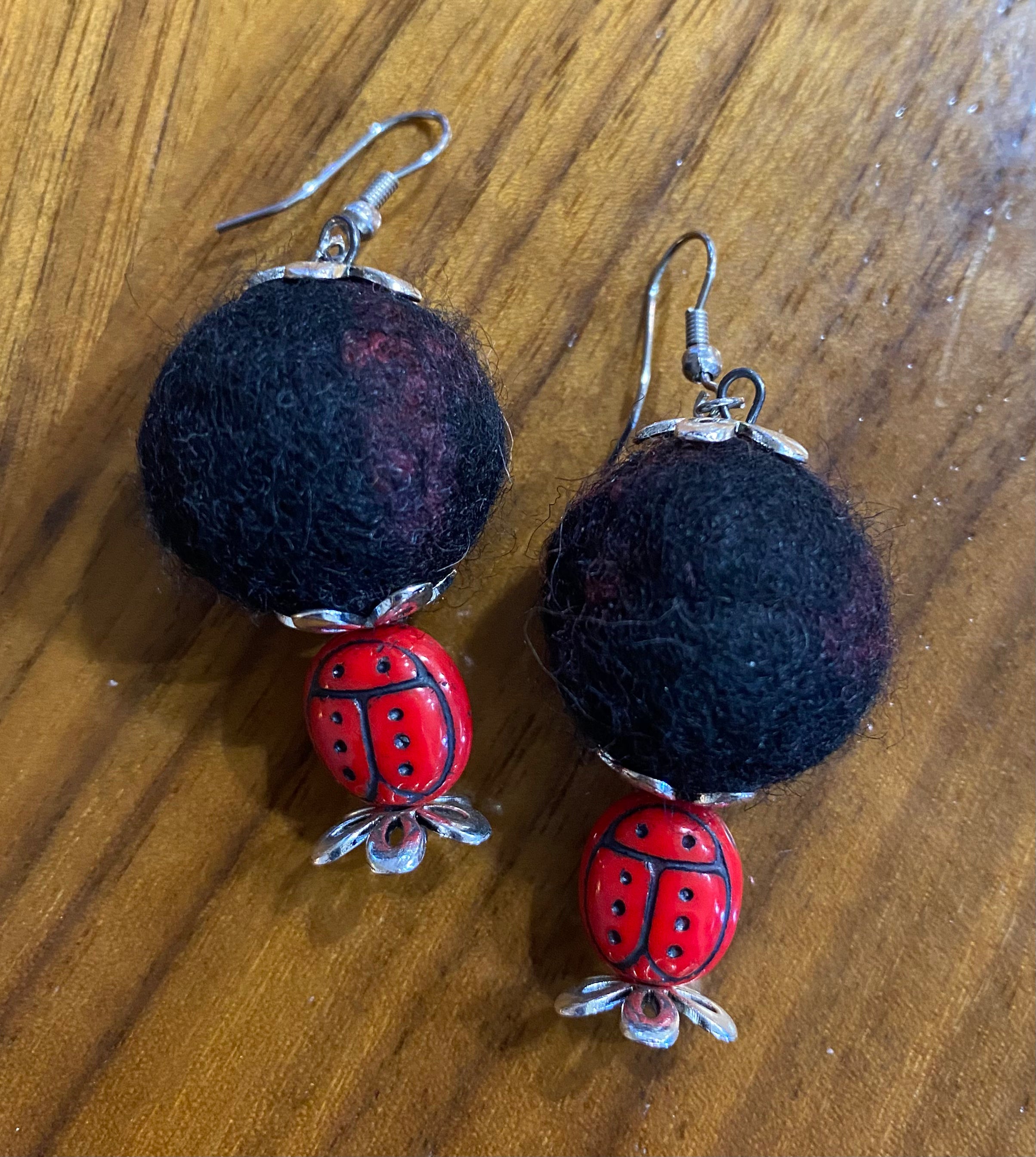 Ladybug and Wool Art Bead Earrings