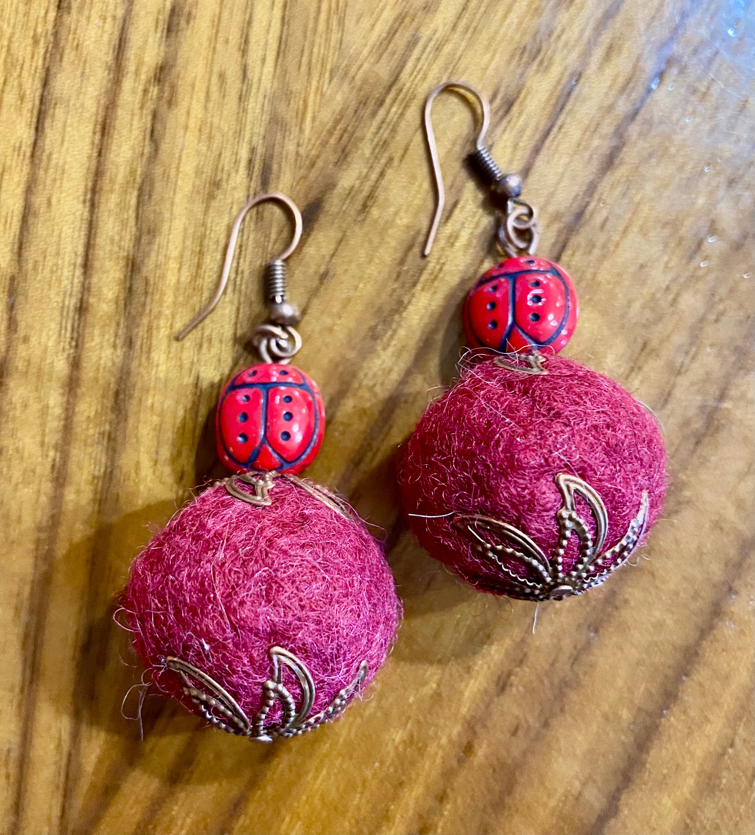 Ladybug and Wool Art Bead Earrings