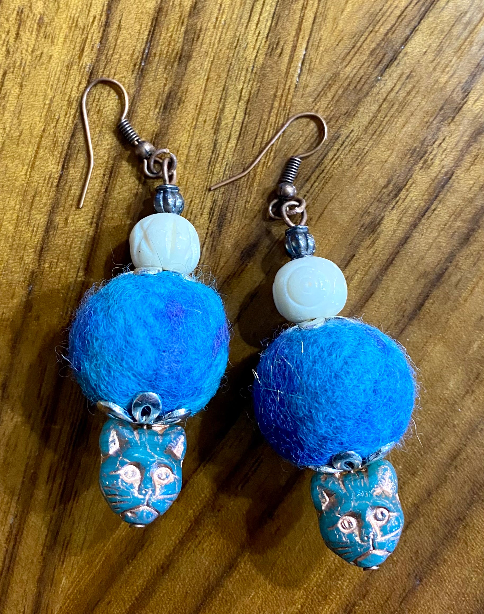 Cat Glass and Wool Bead Earrings