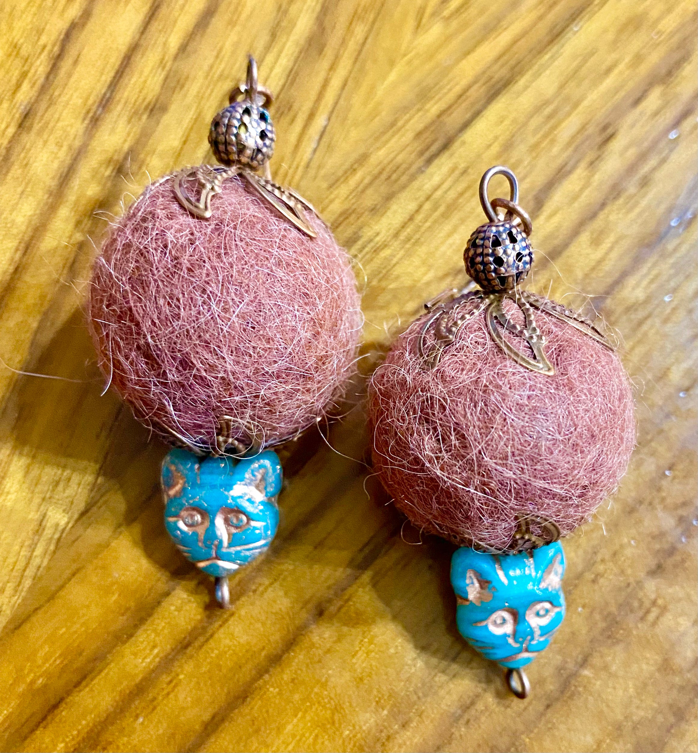 Cat Glass and Wool Bead Earrings