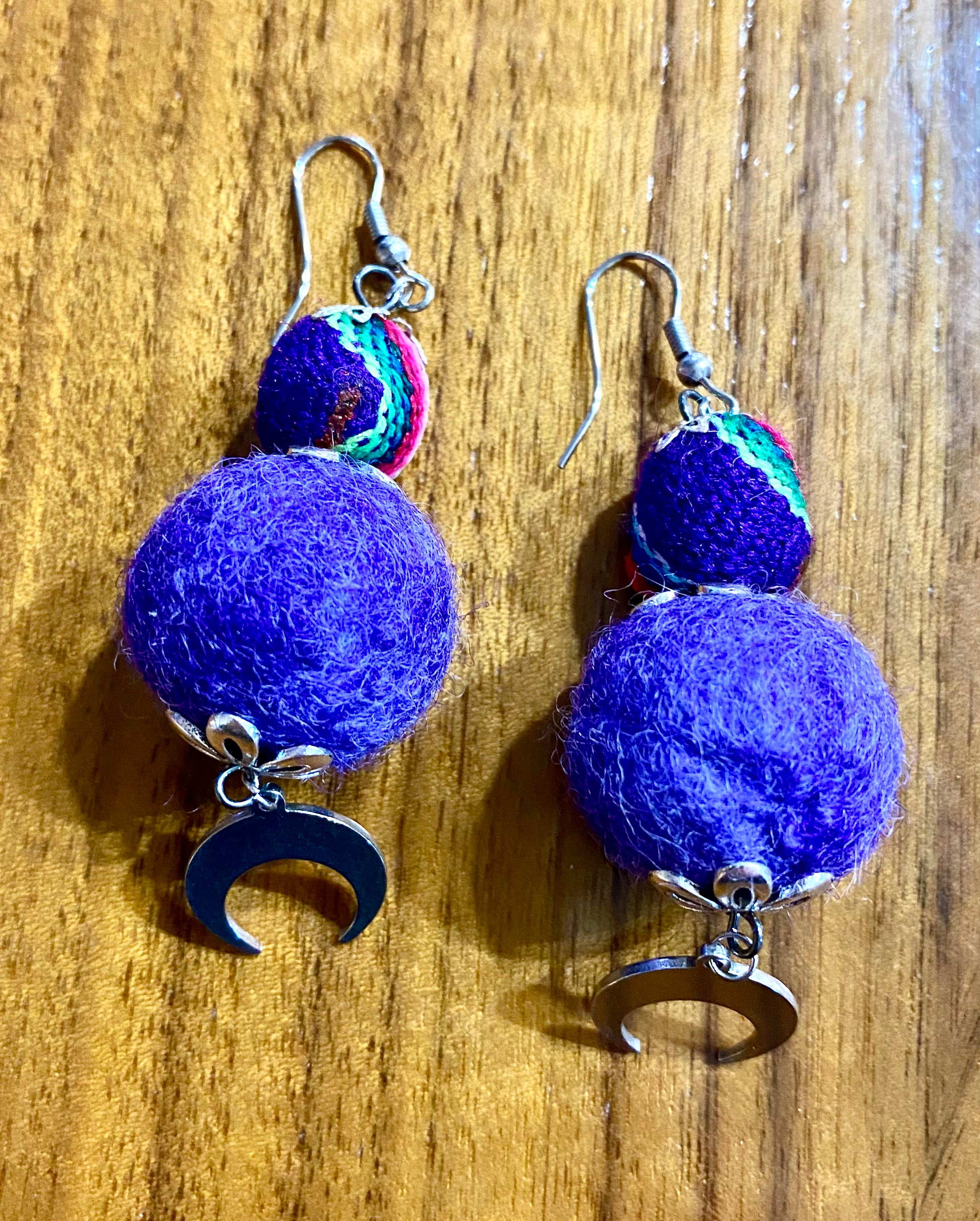 Hand-felted Wool, Peruvian Bead and Moon Earrings