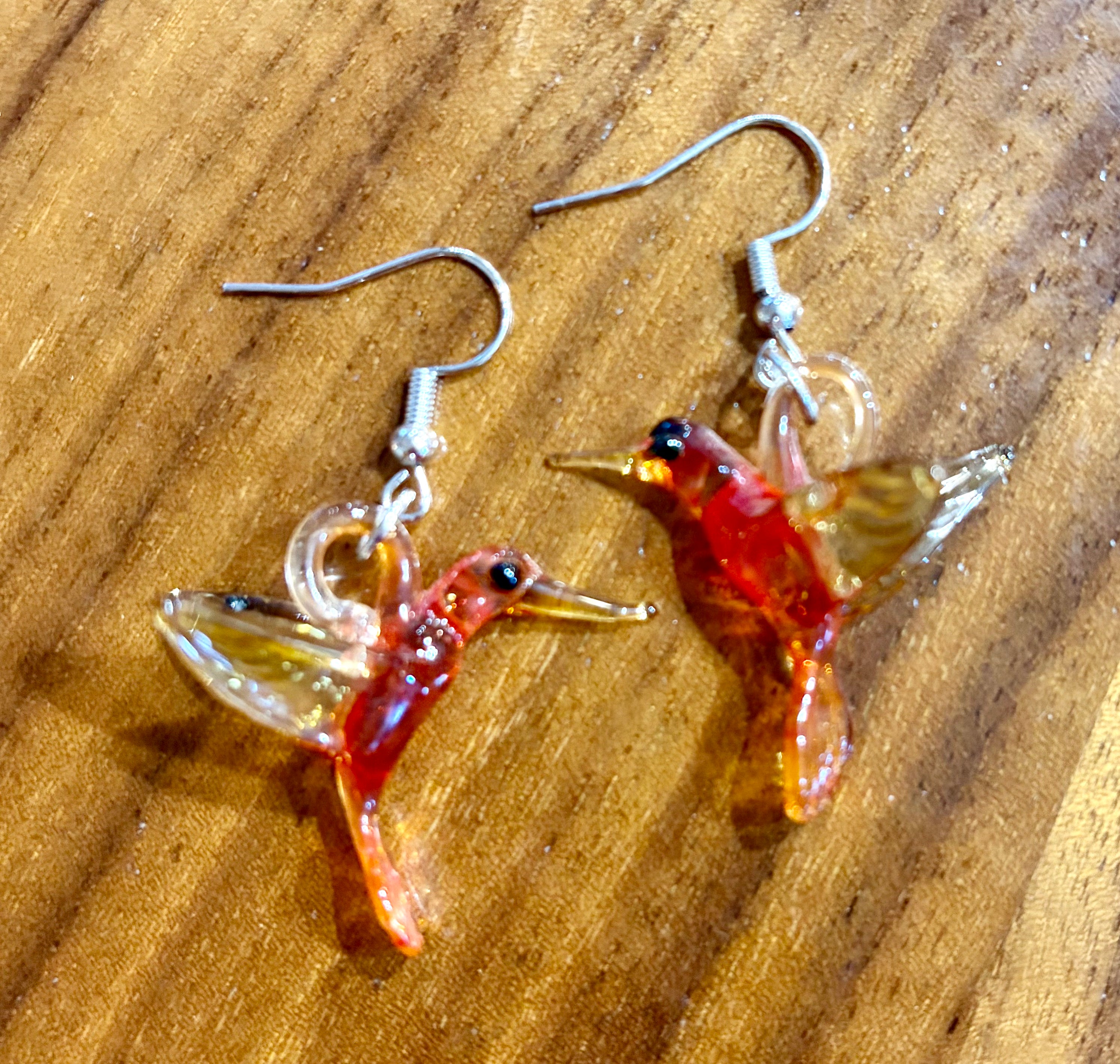 Golden Yellow and Orange Glass Hummingbird Earrings