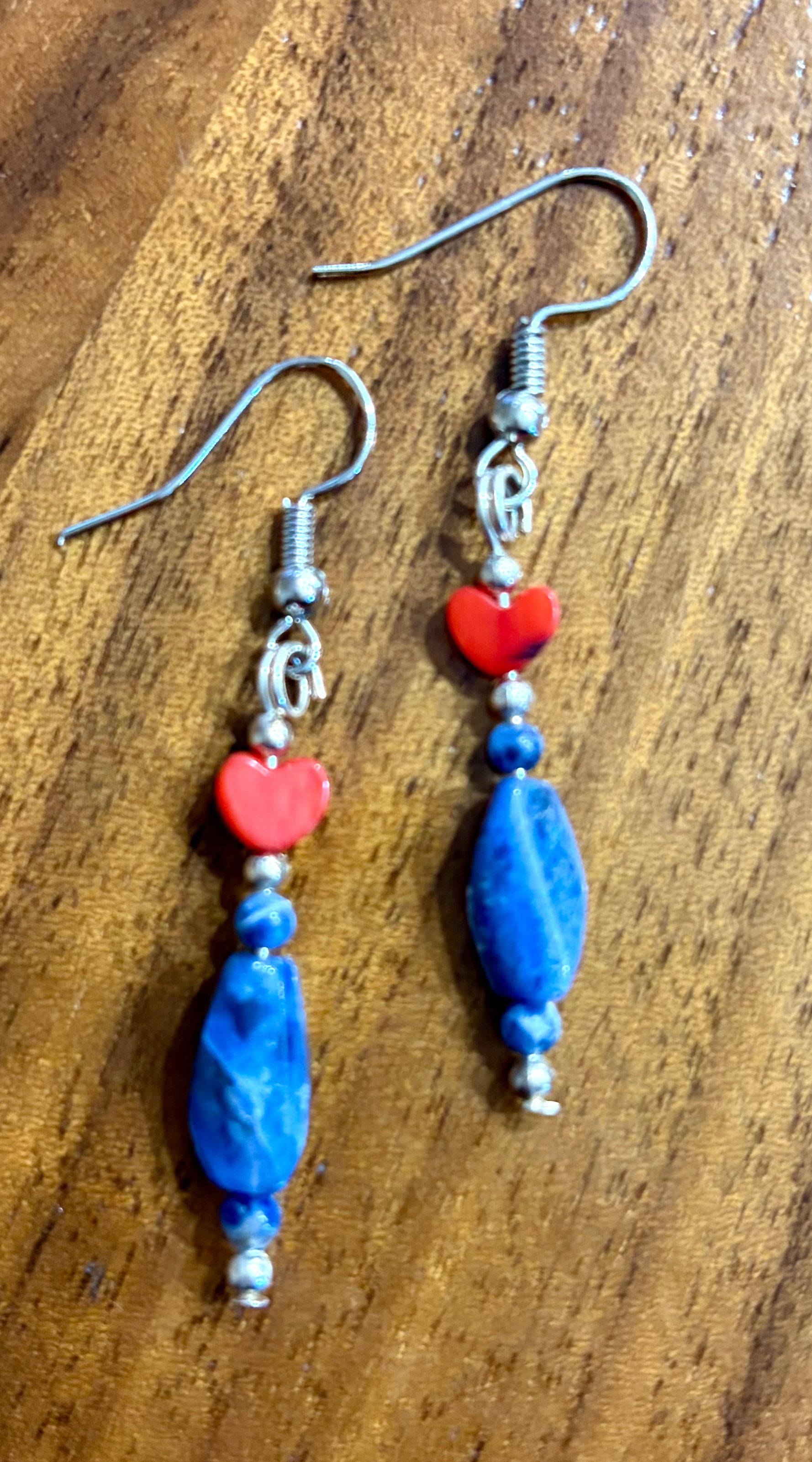 Lapis & Red Coral Heart Earrings