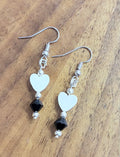 Black Glass & White Shell Heart Earrings