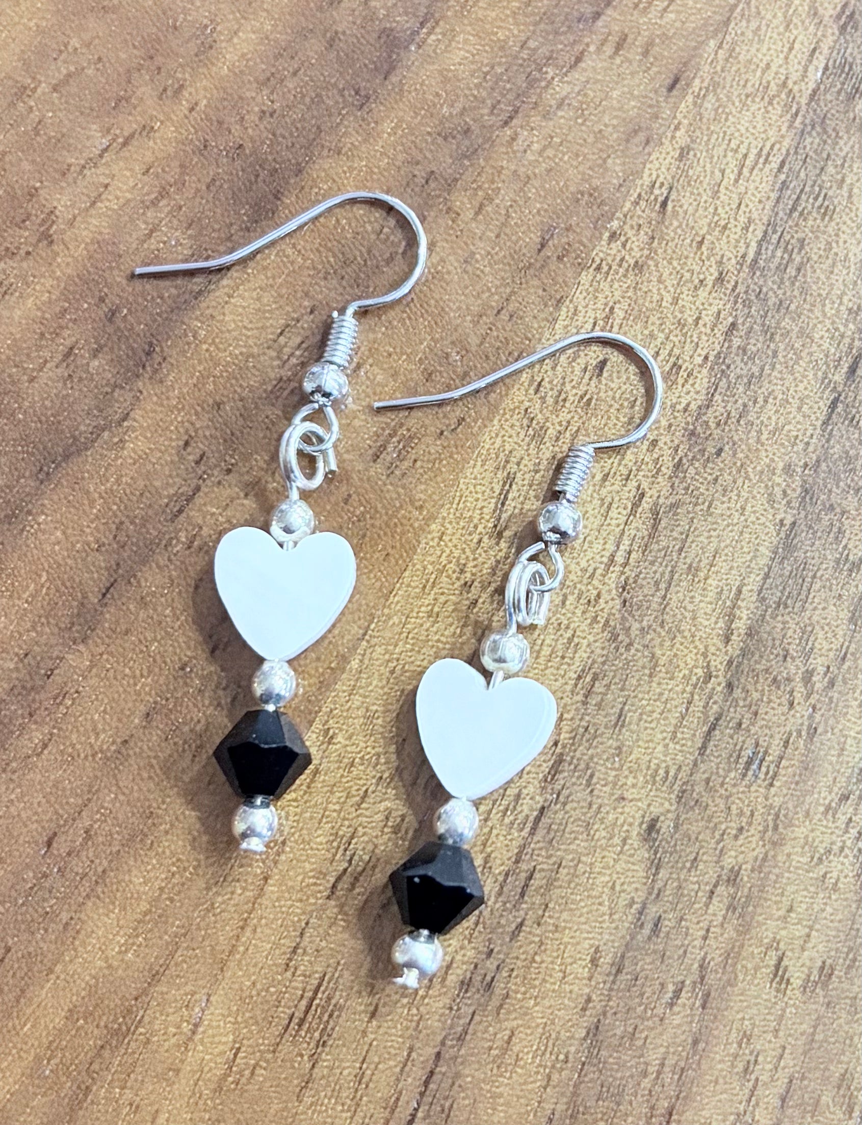 Black Glass & White Shell Heart Earrings