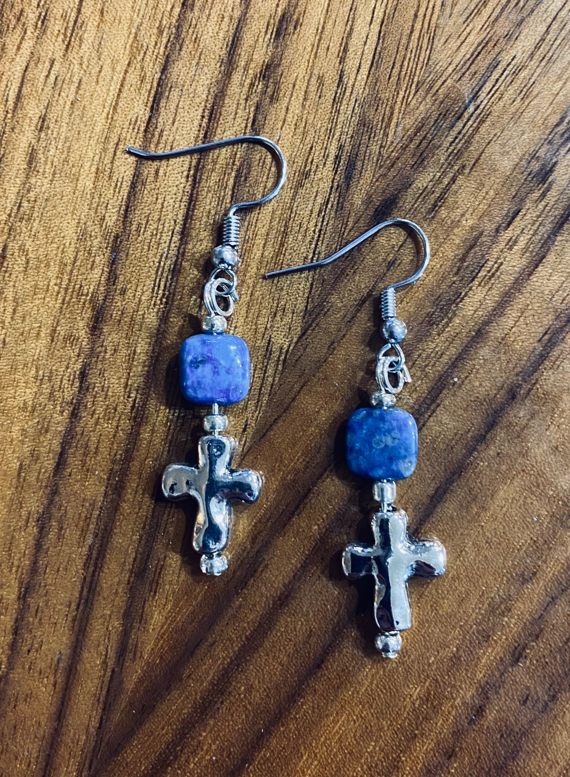 Silver Tone Cross & Blue Chrysocolla Stone Earrings