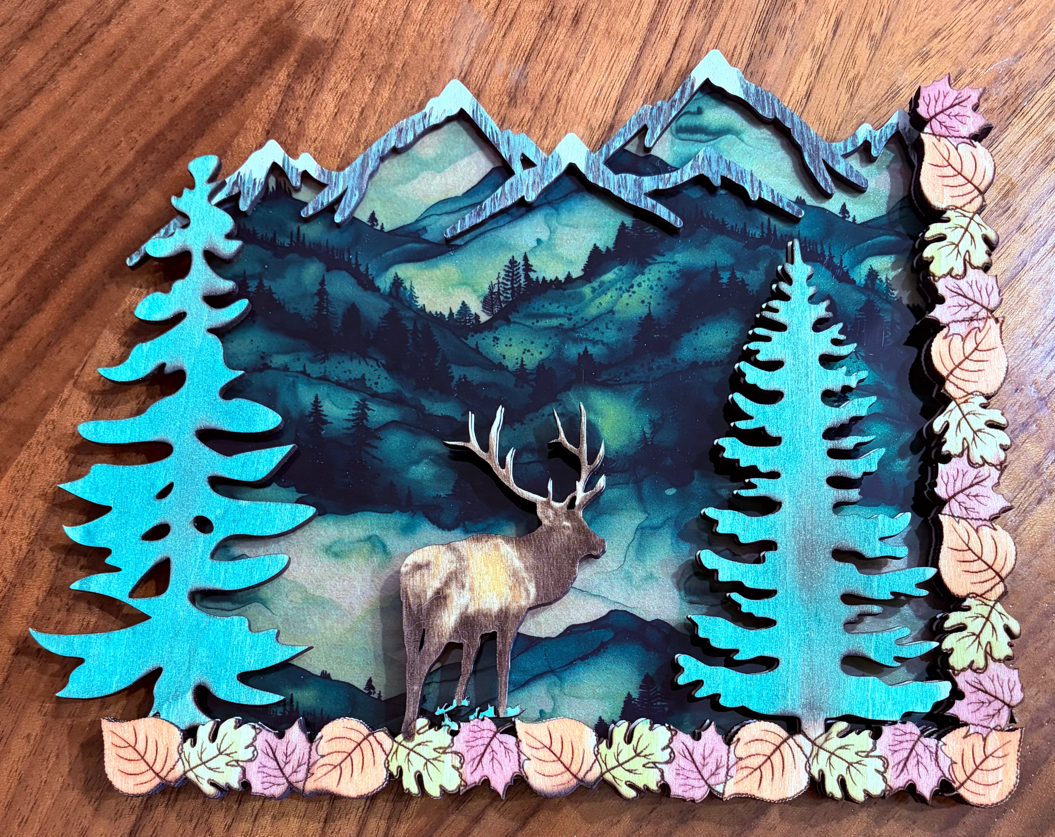 Mountain Forest and Elk Wooden Magnet
