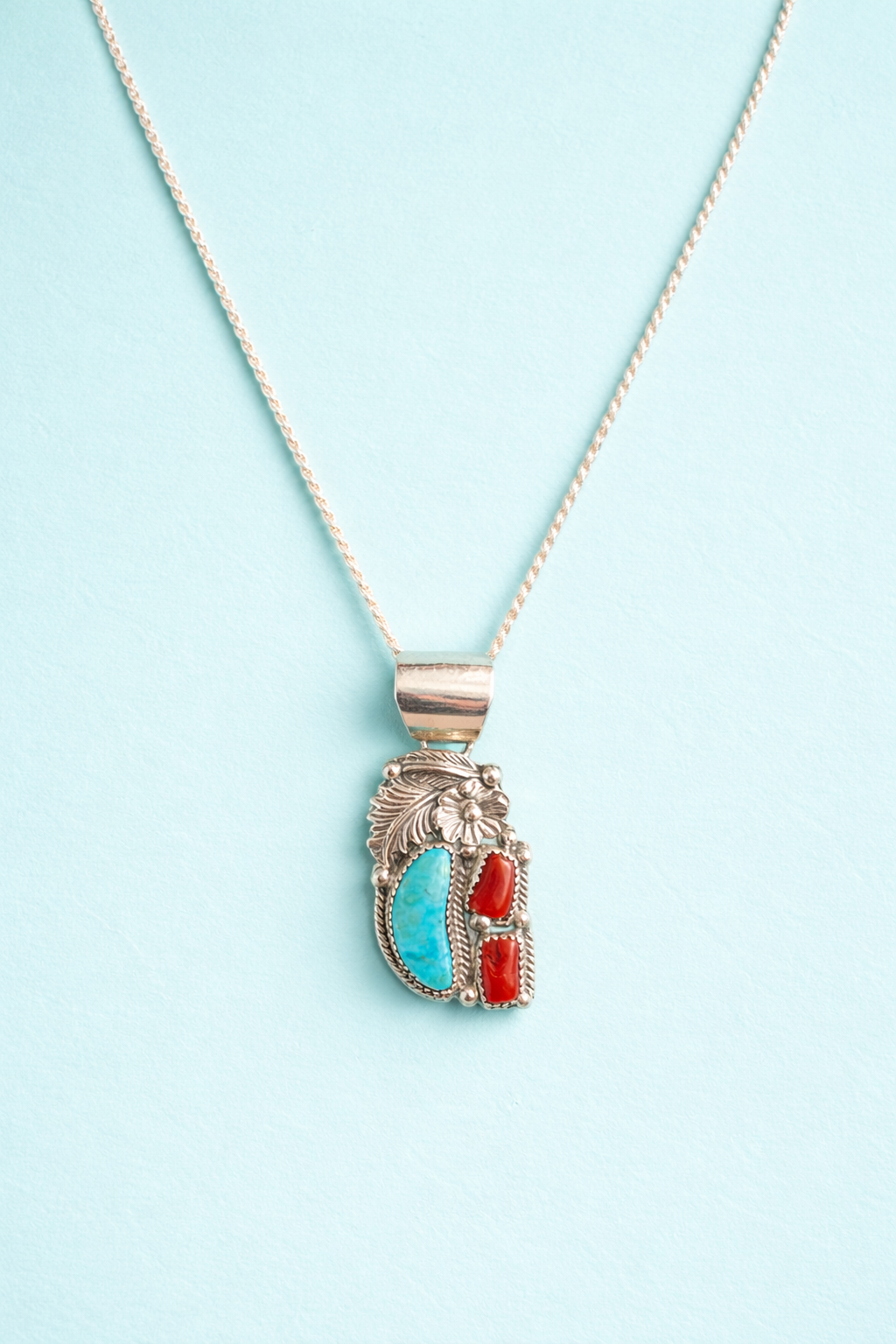 Sterling Silver Coral and Turquoise Pendant Necklace