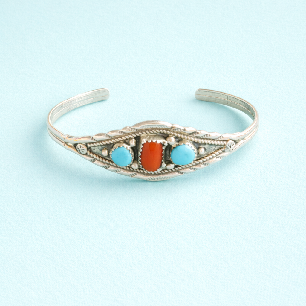 Sterling Silver, Coral and Turquoise Open Cuff