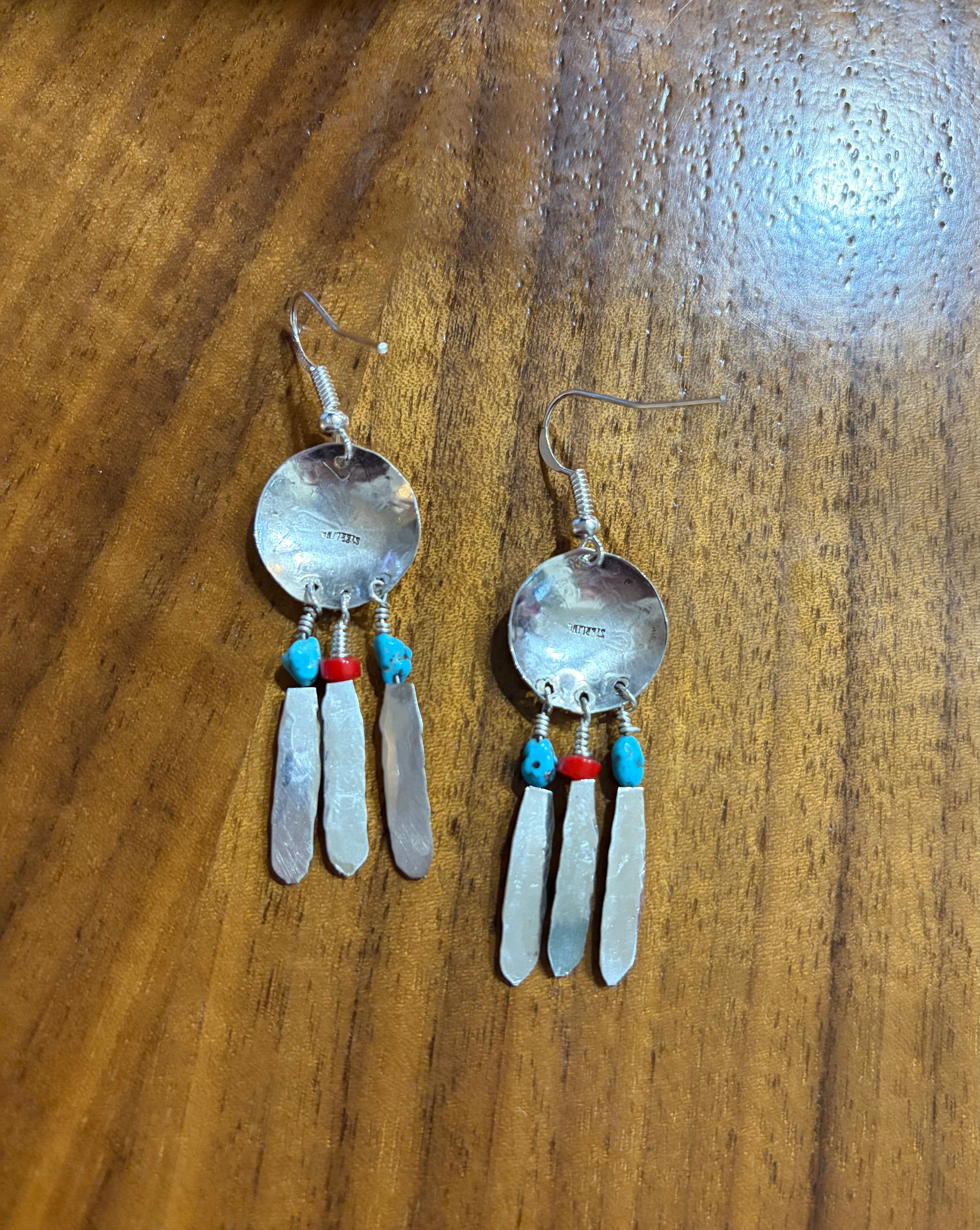 Sterling Silver Concho & Feather Earrings with Coral and Turquoise