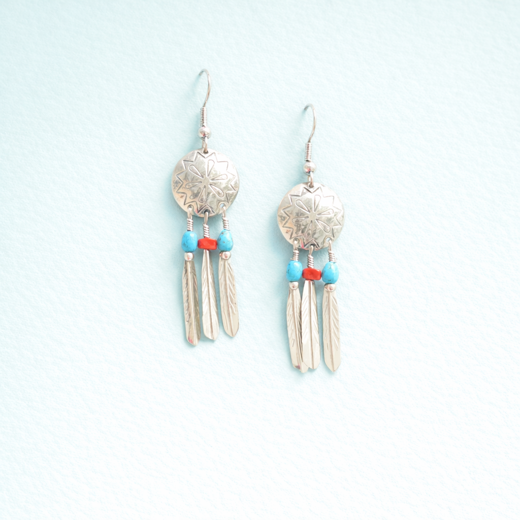 Sterling Silver Concho & Feather Earrings with Coral and Turquoise