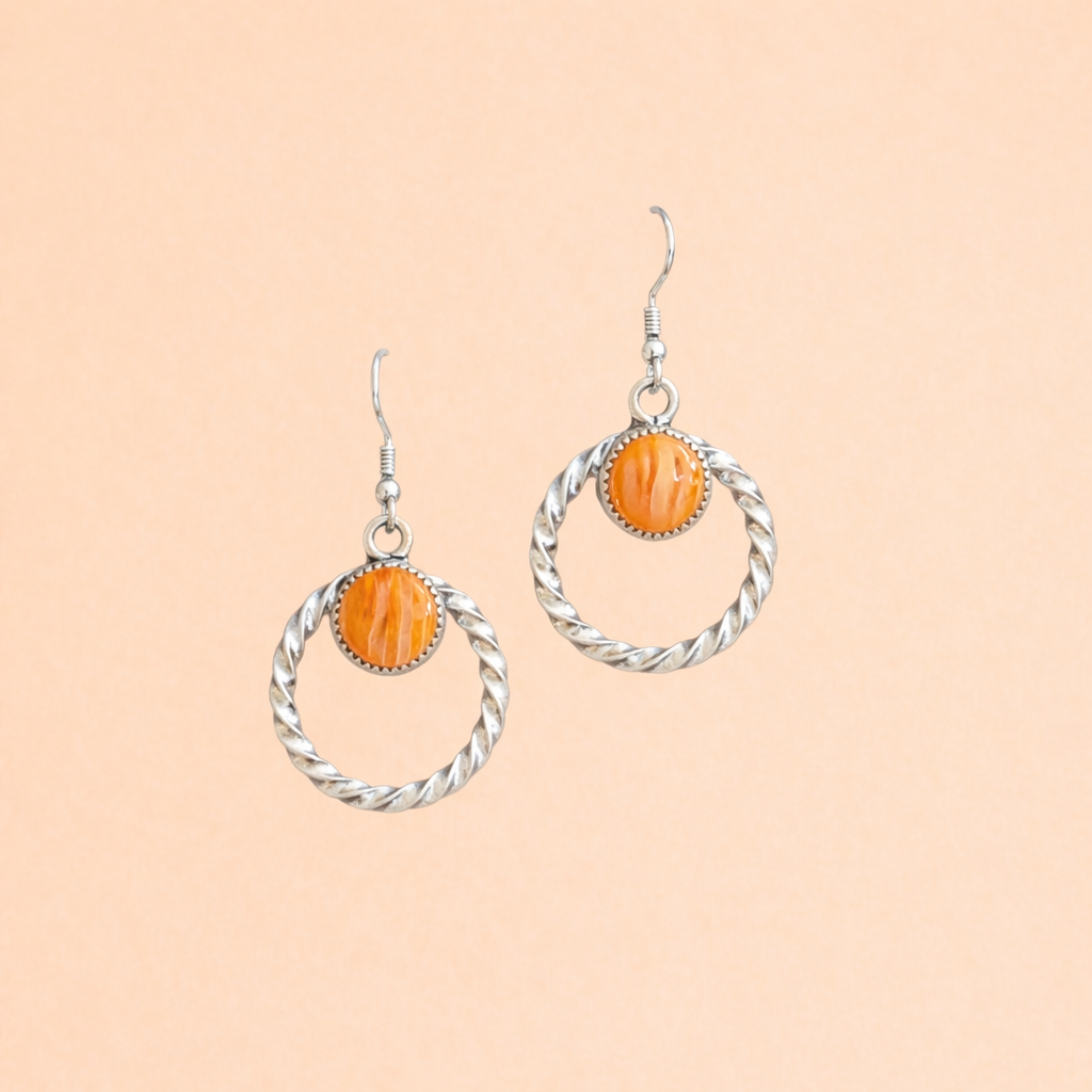 Sterling Silver & Orange Spiny Oyster Dangle Earrings