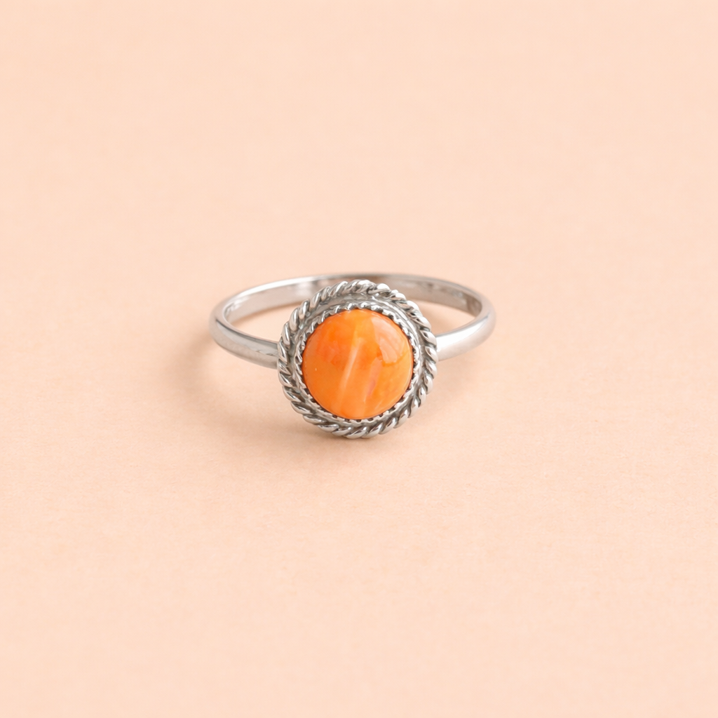Sterling Silver & Orange Spiny Oyster Ring — Size 8
