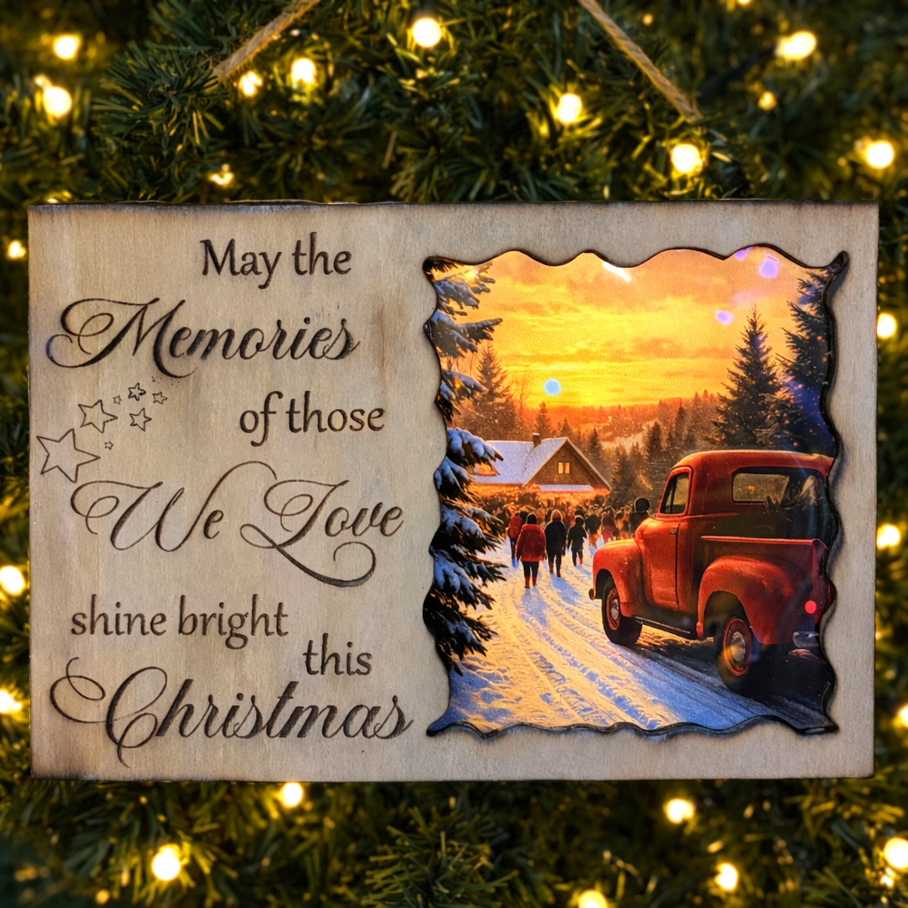 Lighted Wooden Christmas Memory Ornament — Approx. 4” x 6”