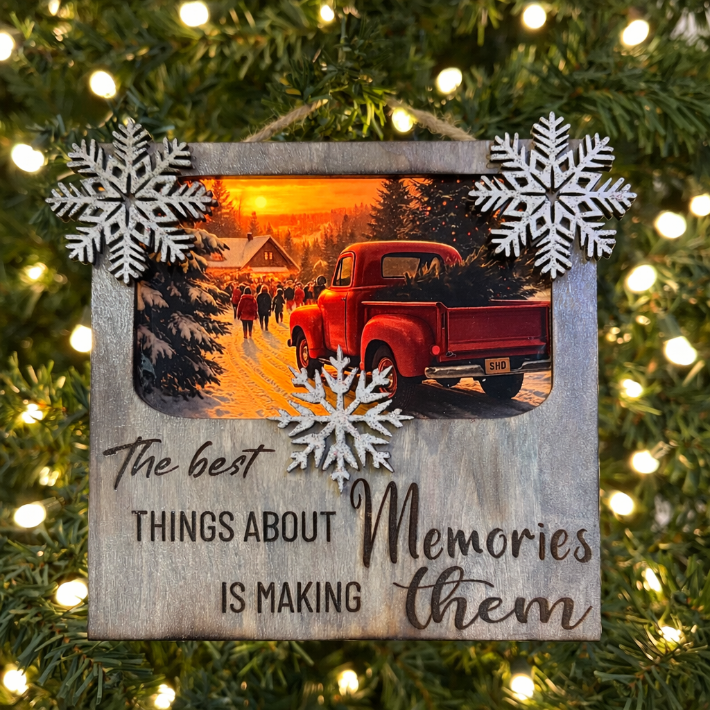 Lighted Wooden Christmas Memories Ornament — Approx. 5” x 6”