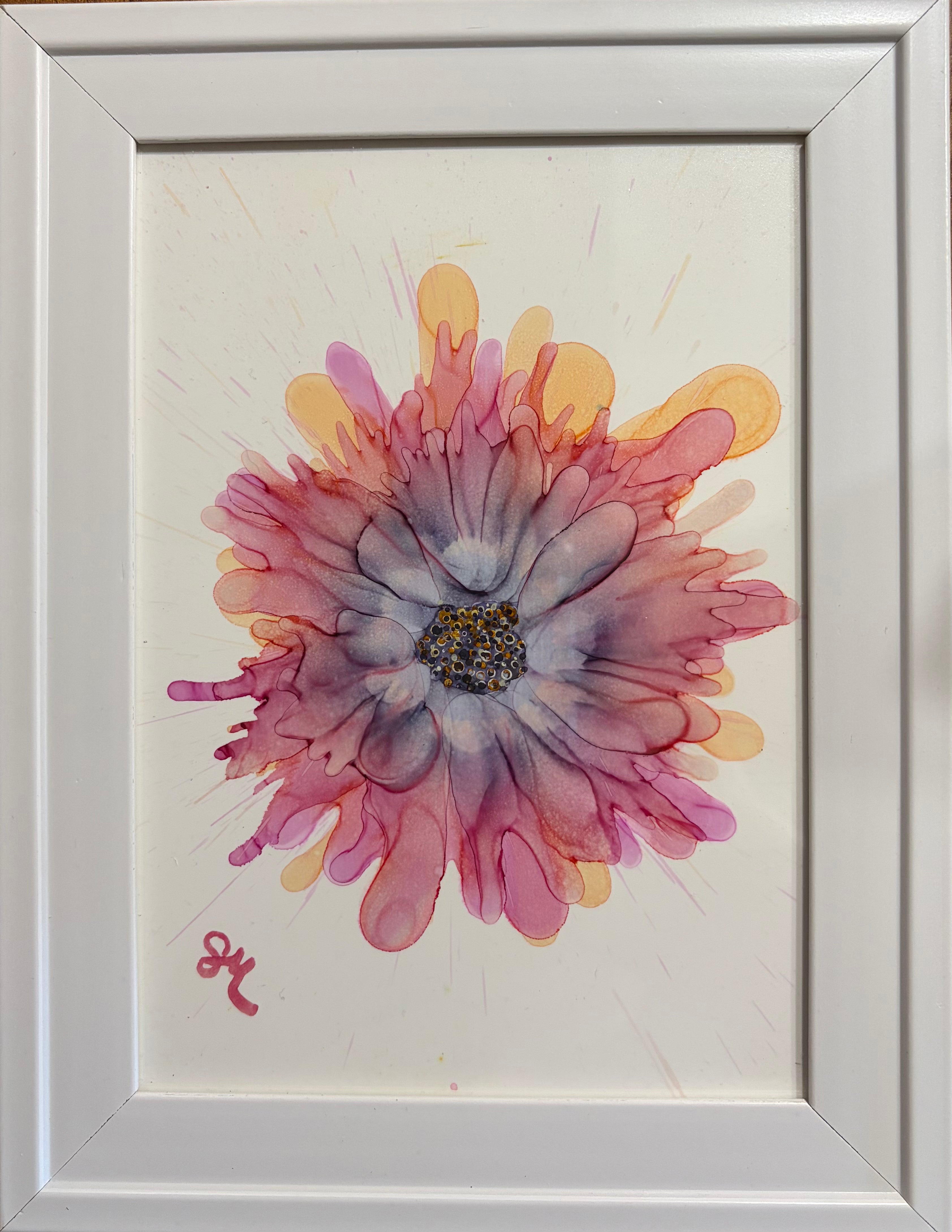 Original Framed Alcohol Ink Floral Artwork — Approx. 8.5” x 6.5”