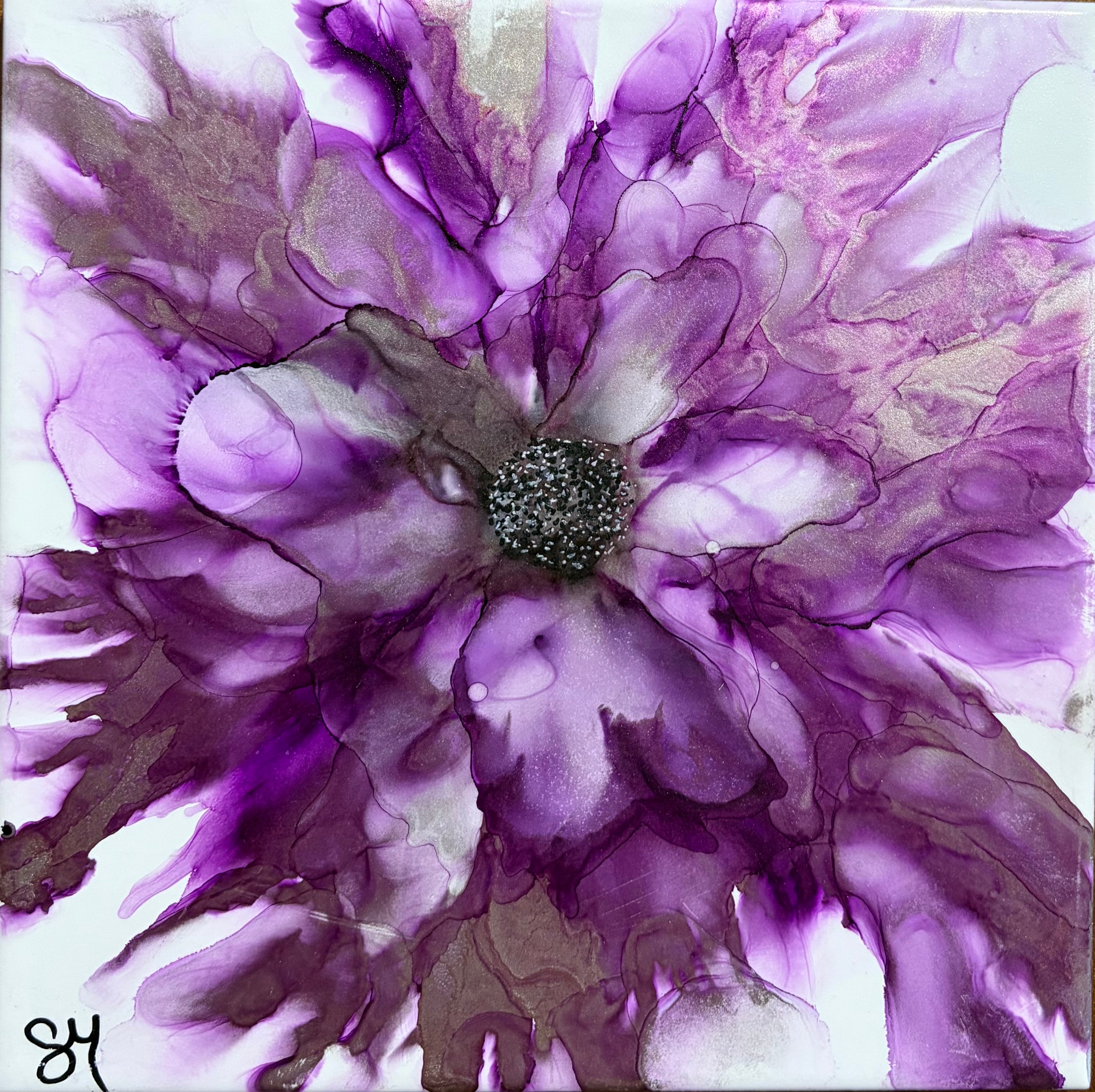 Original Alcohol Ink Floral Tile – Handmade by Susan Mack