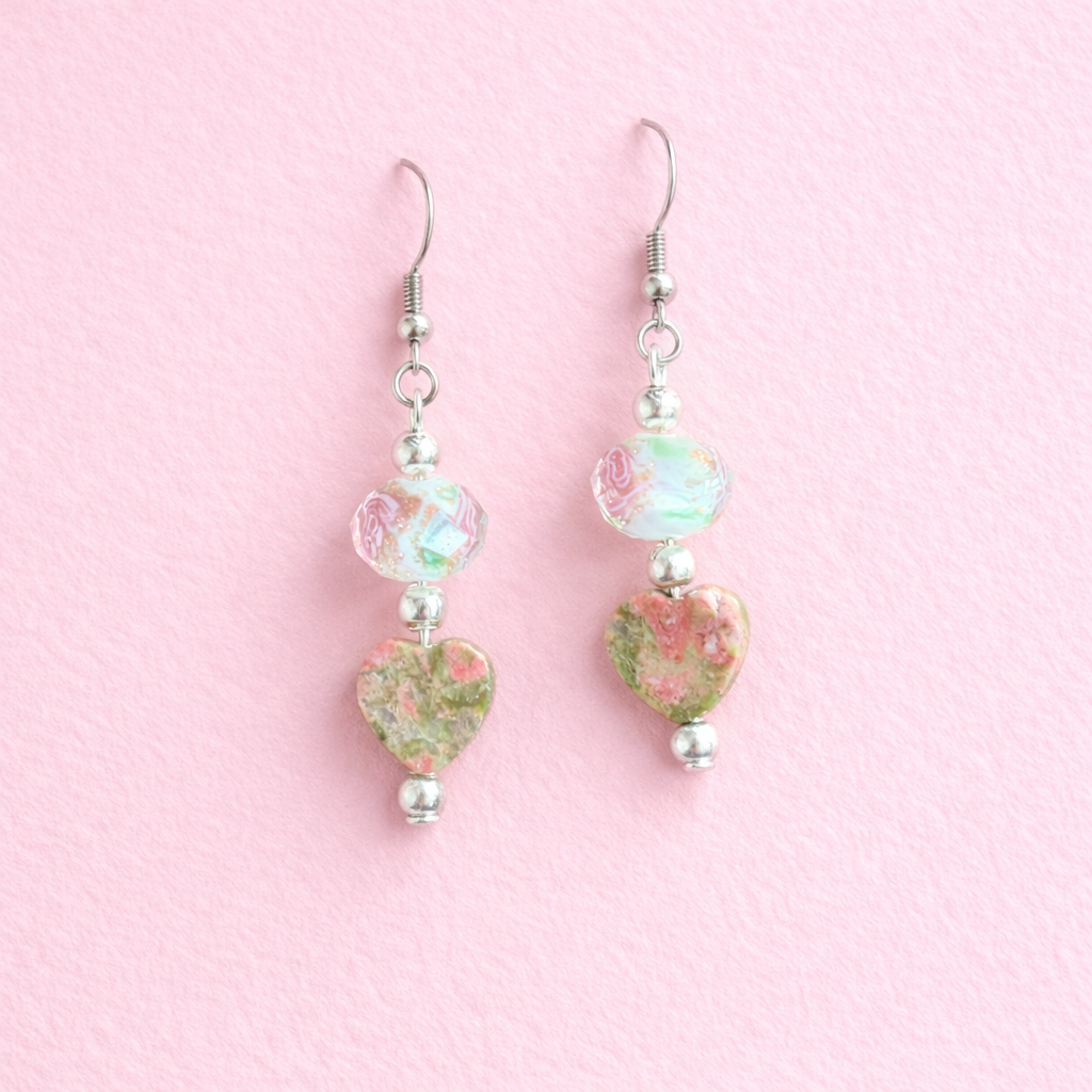 Heart-Shaped Serpentine & Glass Bead Earrings