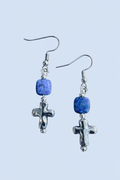 Silver Tone Cross & Blue Chrysocolla Stone Earrings