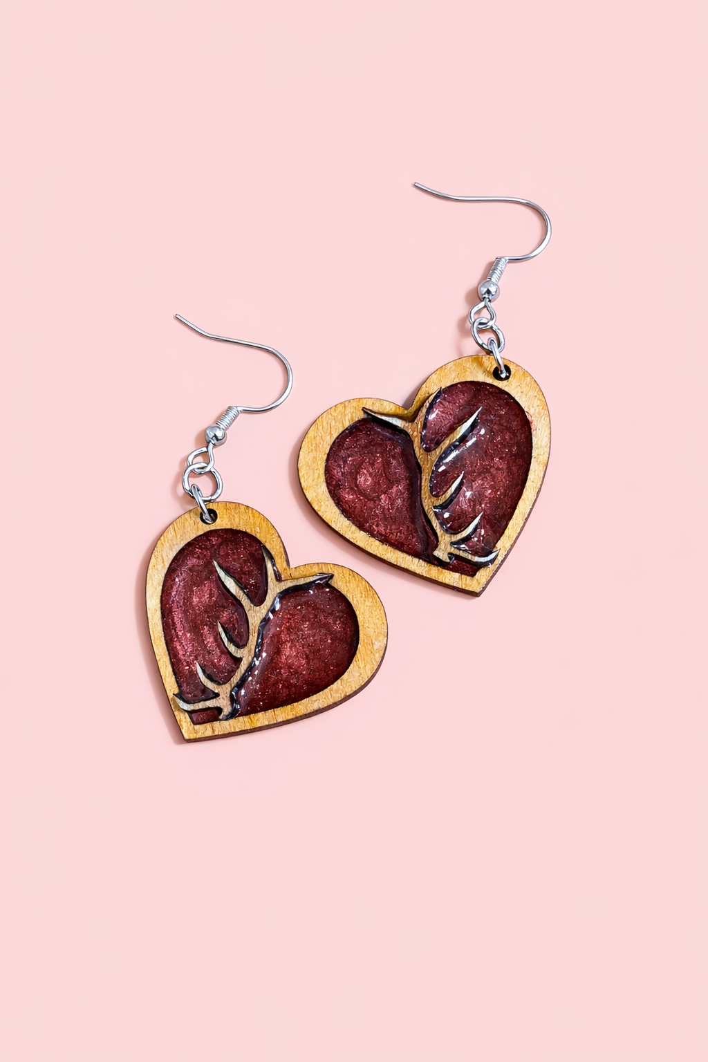 Wooden Red Heart & Antler Earrings