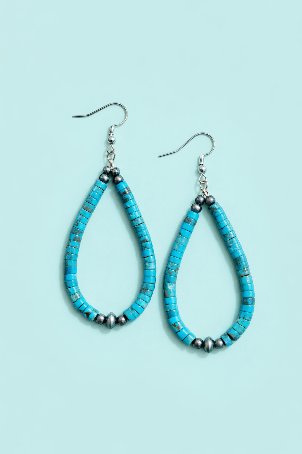 Genuine Hand-Beaded Turquoise Heishi and Navajo Pearl Teardrop Earrings