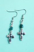 Silver Tone Cross & Turquoise Stone Earrings