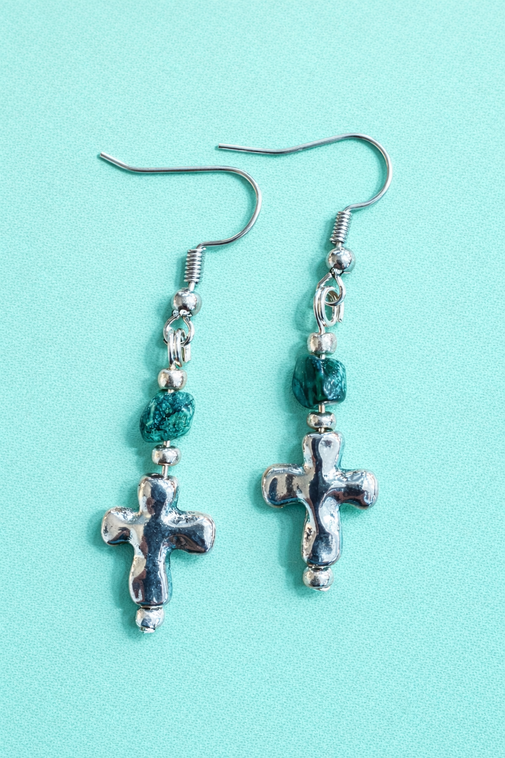 Silver Tone Cross & Turquoise Stone Earrings