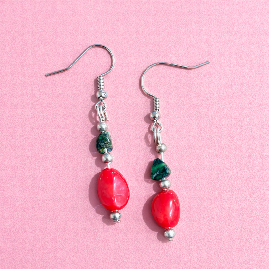 Turquoise & Red Coral Bead Earrings
