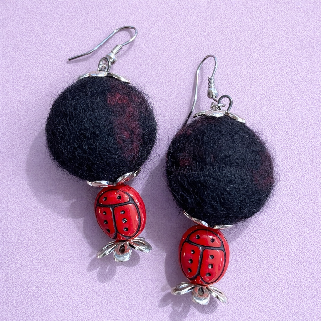 Ladybug and Wool Art Bead Earrings