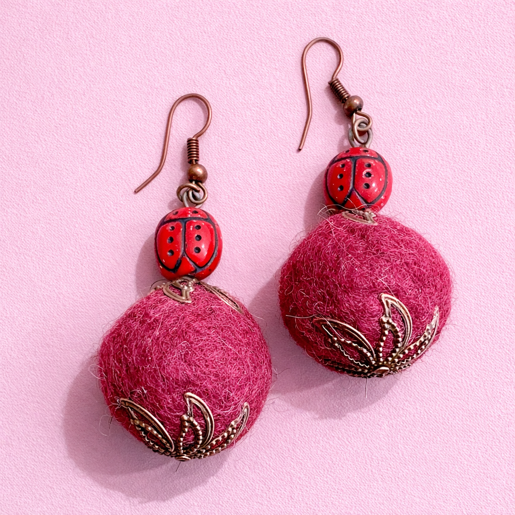 Ladybug and Hand-felted Wool Art Bead Earrings