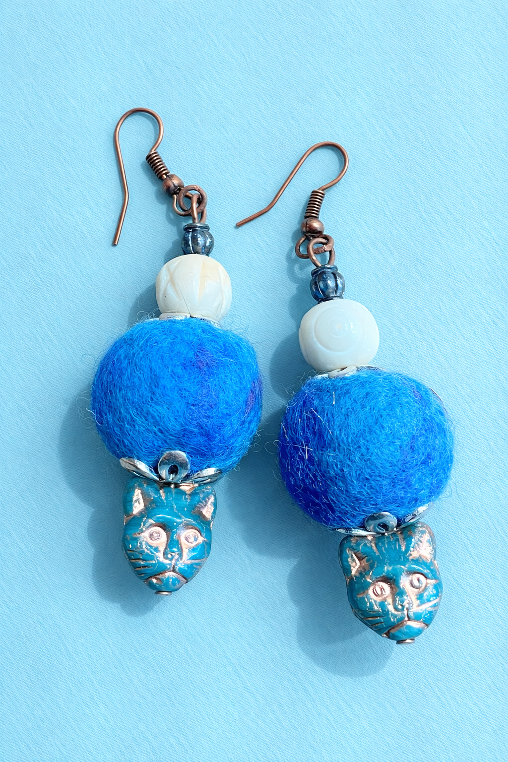 Cat Glass and Hand-felted Wool Bead Earrings