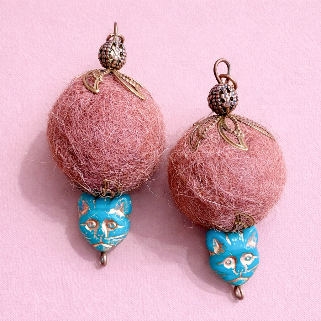 Cat Glass and Hand-felted Wool Bead Earrings