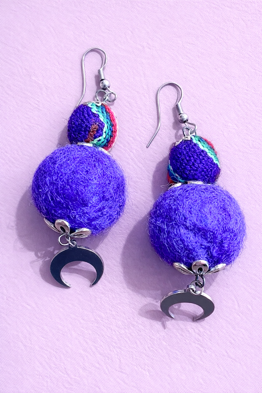 Hand-felted Wool, Peruvian Bead and Moon Earrings