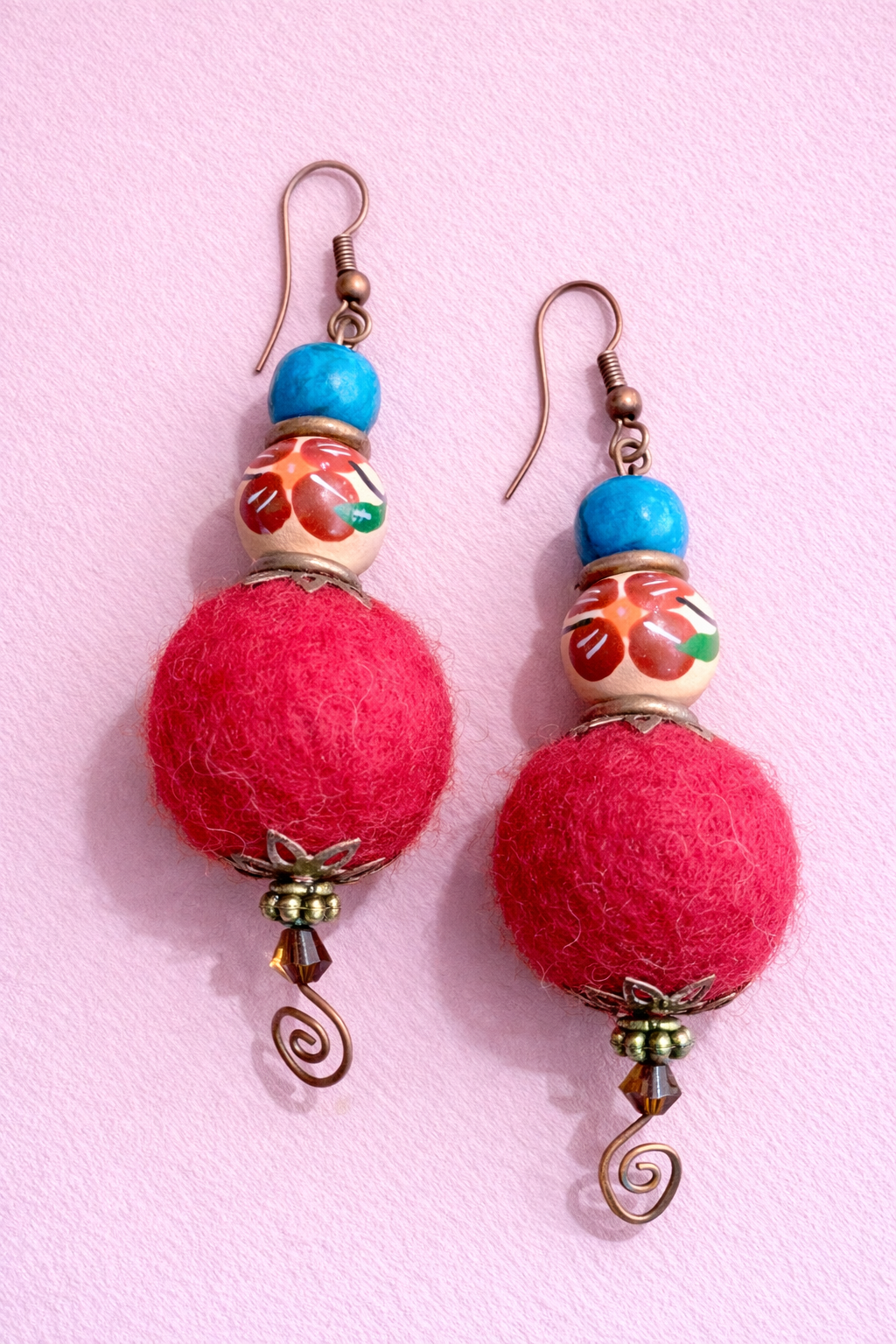 Hand-felted Wool Beaded Dangle Earrings