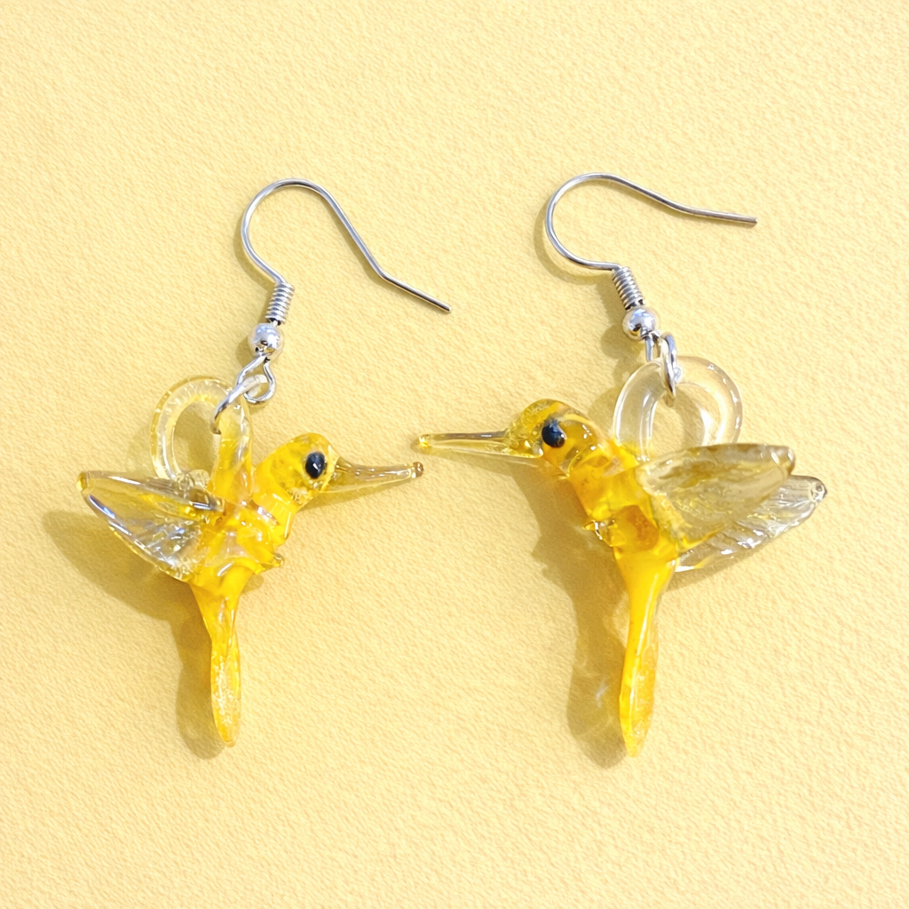 Golden Yellow Glass Hummingbird Earrings
