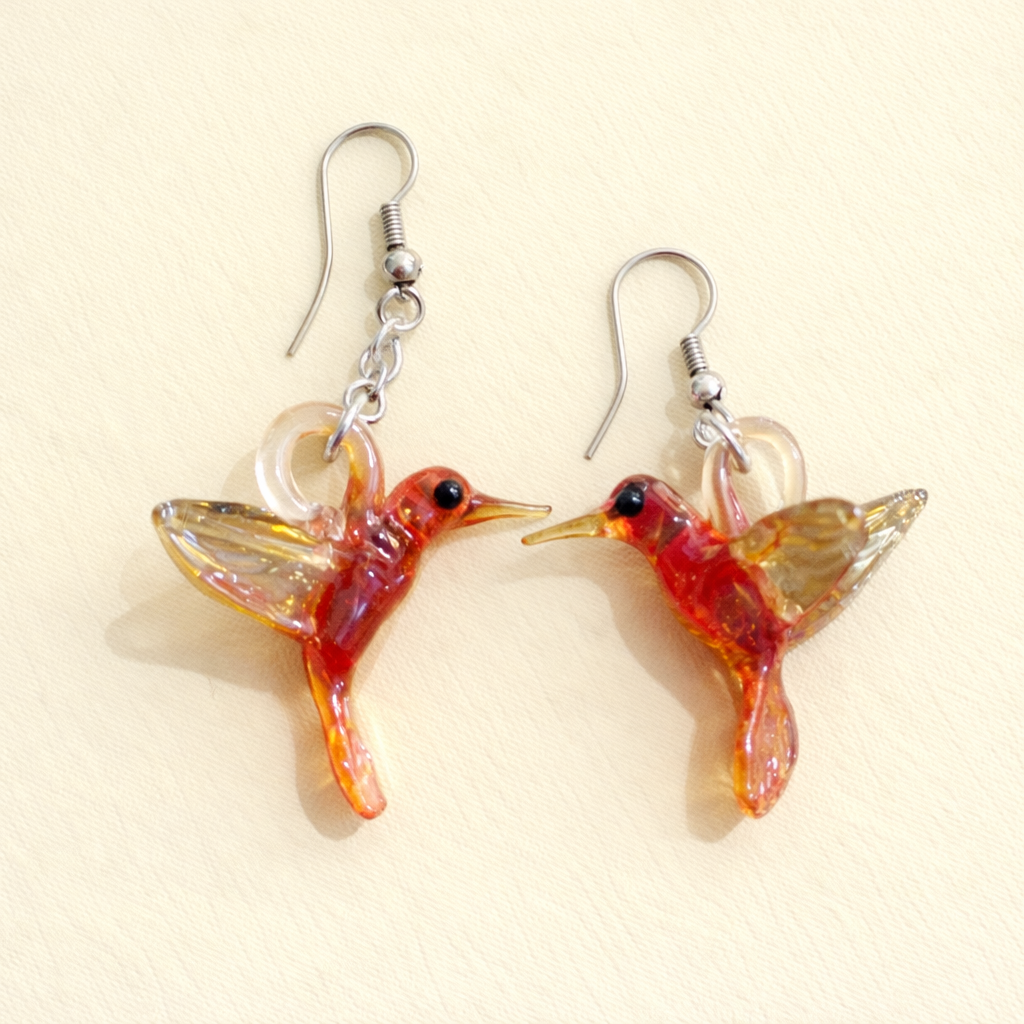 Golden Yellow and Orange Glass Hummingbird Earrings