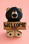 Hand-carved Wooden Bear with “Welcome” Sign