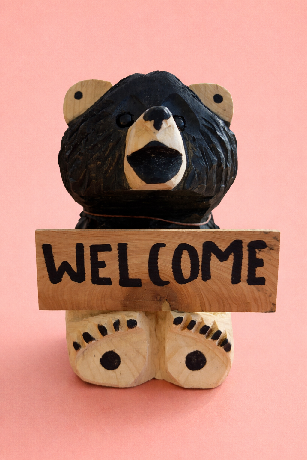 Hand-carved Wooden Bear with “Welcome” Sign