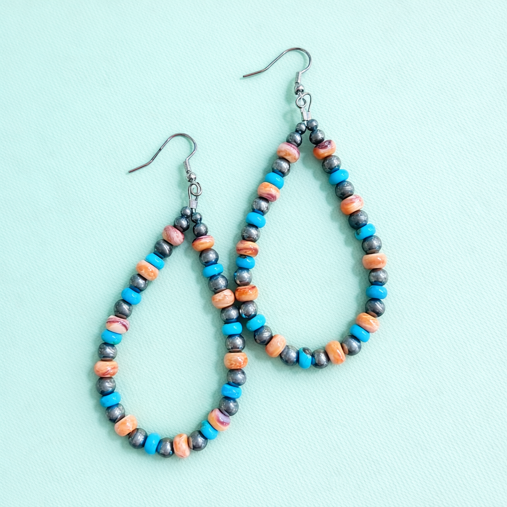 Turquoise, Orange Spiny & Pink Shell Sterling Silver Earrings